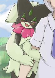 2d bigmi_nono blush cleavage couple cute cute_fang detailed_background female female_focus female_pokemon florian_(pokemon) green_fur hugging human_on_pokemon long_eyelashes male/female meowscarada nintendo open_mouth pink_eyes pokémon_(species) pokemon pokemon_sv