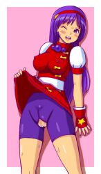 1girls athena_asamiya big_breasts bike_shorts breasts busty censored crotchless crotchless_clothes erect_nipples_under_clothes female female_only fingerless_gloves hi_res king_of_fighters large_breasts legs long_hair one_eye_closed open_mouth purple_hair skirt_lift smile snk solo sweat thighs torn_clothes tsumitani_daisuke wink