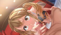 1boy all_fours bang_dream! blonde_hair breasts brown_eyes censored commission cum cum_in_mouth fellatio female hanging_breasts highres ichigaya_arisa large_breasts mosaic_censoring oral penis pixiv_request pov q_(ed69) small_penis straight swimsuit twintails