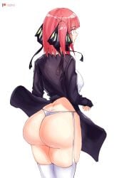 1girls ass big_ass big_butt breasts fat_ass female female_only go-toubun_no_hanayome hair_ornament huge_ass legwear lingerie looking_at_another medium_breasts nakano_nino o22no red_hair short_hair sideboob solo standing thick_ass thick_thighs thighhighs thighs thong twintails white_background