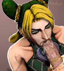 1boy 1girls 3d blonde_hair blowjob blowjob_face clothed clothed_female_nude_male fellatio female green_eyes green_hair human jojo's_bizarre_adventure jolyne_kujo ksrybye lipstick_mark lipstick_on_penis male pale-skinned_female pale_skin penis sloppy sloppy_blowjob stone_ocean yellow_hair