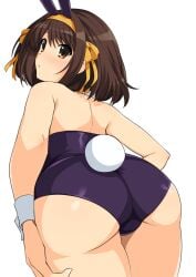 ass ass_focus big_ass brown_eyes brown_hair bunny_costume bunny_ears bunny_girl bunny_tail bunnysuit curious haruhisky looking_at_viewer simple_background slight_blush small_mouth suzumiya_haruhi suzumiya_haruhi_no_yuuutsu white_background