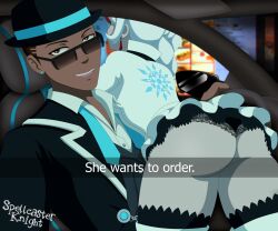 1boy 1girls ass ass_focus big_ass black_lingerie black_panties car car_interior dark-skinned_male dark_skin dat_ass drive_thru earrings female flynt_coal he_wants_to_order lace-trimmed_panties lingerie male meme miniskirt panties rwby selfie she_wants_to_order spellcaster_knight sunglasses thighhighs underwear upskirt weiss_schnee white_hair