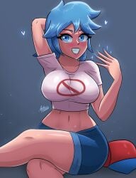 1girls absurd_res ax3lbravo axlhearts big_breasts blue_eyes blue_hair blush boyfriend_(friday_night_funkin) clothed female female_boyfriend_(friday_night_funkin) friday_night_funkin jeans kaity_xml_(mizanploz) looking_at_viewer rule_63 shirt short_hair shorts solo tagme thick_ass thick_thighs