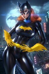 alternate_version arm_gloves ayyasap barbara_gordon bat_signal batgirl big_ass blue_eyes bodysuit cape crotch dc dc_comics hands_on_hips large_breasts looking_at_viewer mask night_sky red_hair rooftop slim_waist standing thick_thighs