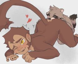 anal anthro bite biting_lip brown_body brown_fur coontail coontail_v2 duo fur haplorhine hi_res kvro looking_pleasured male male/male mammal monkey oral paws primate procyonid raccoon rimming sex size_difference small_dom_big_sub teeth tongue