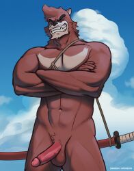 anthro arms_crossed balls bara barazoku beast black_nose boner chest_tuft closed_eyes erection furry gay kumatetsu male male_only muscles muscular penis red_body red_fur sinibun_95 smiling solo solo_male the_boy_and_the_beast weapon