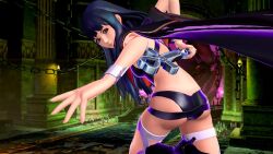 1girls 3d alternate_costume ass bent_over blue_hair breasts bubble_butt cape confident female female_only grey_eyes leaning_forward legs long_hair looking_at_viewer looking_back medium_breasts nakoruru samurai_shodown samurai_spirits sideboob smile snk snk_heroines:_tag_team_frenzy swimsuit thighs vampire_costume weapon