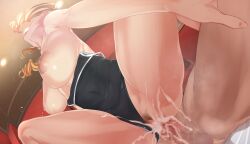 1boy bang_dream! blonde_hair blush breasts breasts_out brown_eyes censored cowgirl_position cum cum_in_pussy female female_orgasm female_pubic_hair hair_ornament head_back highres ichigaya_arisa large_breasts looking_down mosaic_censoring nipples orgasm overflow penis pubic_hair pussy q_(ed69) reverse_cowgirl_position sex sex_from_behind shiny shiny_skin straddling straight swimsuit twintails vaginal_penetration x_hair_ornament