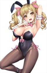 animal_ears ankle_strap arm_behind_head arm_garter arm_up armpits bang_dream! bangs bare_shoulders black_hairband black_leotard blonde_hair bow bowtie breasts brown_pantyhose cameltoe cleavage commentary covered_navel cowboy_shot detached_collar earrings fake_animal_ears female groin hair_ornament hair_ribbon hairband hairclip hand_up head_tilt ichigaya_arisa jewelry lambda_(kusowarota) large_breasts leg_up leotard light_blush long_hair looking_at_viewer nipples one_breast_out open_mouth pantyhose pink_bow pink_bowtie pink_ribbon playboy_bunny puffy_nipples rabbit_ears raised_eyebrows ribbon side-tie_leotard sidelocks simple_background solo standing standing_on_one_leg strapless strapless_leotard twintails white_background wrist_cuffs yellow_eyes