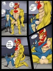 2boys anal anal_sex anthro beard big_penis bodily_fluids bowser comic cum cum_in_ass cum_in_mouth cum_inside facial_hair gay gay_anal gay_sex generation_4_pokemon genital_fluids genitals hi_res lucario male male/male mario_(series) markdeth muscular muscular_male nazuranoke nintendo oral oral_penetration penetration penis pokemon pokemon_(species) size_difference smaller_male speech_bubble super_smash_bros. video_games watermark