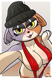 2022 3:4 anthro arched_back areola athletic beanie bedroom_eyes biped border bottomless bottomless_anthro bottomless_female calico_cat clothed clothing digital_media_(artwork) domestic_cat ear_piercing ear_ring english_text epic_games eyelashes fangs felid feline felis female fluffy fortnite hat headgear headwear hi_res looking_at_viewer mammal meow_skulls_(fortnite) mottled narrowed_eyes nipples nude nude_female open_mouth open_smile paws piebald piercing pink_nipples pinup pose ring_piercing seductive signature simple_background sling_bikini slingshot_swimsuit smile solo striped_sleeves text thick_eyelashes thick_thighs video_games wide_hips yellow_eyes zerlix_fox