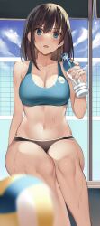 bare_arms bare_legs bare_shoulders bikini black_buruma blue_eyes blurry bottle breasts brown_hair buruma cleavage collarbone crop_top depth_of_field female highres holding kureha_(ironika) large_breasts long_hair looking_at_viewer midriff navel open_mouth original revealing_clothes sitting sleeveless solo sports_bra stomach sweat swimsuit thighs tsubasa_(kureha) v-shaped_eyebrows volleyball volleyball_net water_bottle