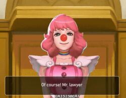 1girls ace_attorney animated artist_name big_breasts clown clown_girl clown_nose courtroom crisisbeat edit female female_only geiru_toneido gloves gyakuten_saiban hourglass_figure huge_breasts pink_hair pink_skirt rainbow_collar skirt suspenders tagme text wardrobe_malfunction