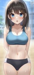 1girls absurdres arms_behind_back bangs big_breasts black_shorts blue_eyes blue_sports_bra blurry blurry_background blush borrowed_character breasts brown_hair busty cleavage commentary_request cowboy_shot female hair_ornament hairclip highleg_shorts highres hisui_(user_zvkr2432) large_breasts looking_at_viewer midriff navel open_mouth original outdoors short_shorts shorts solo sports_bra sweat tsubasa_(kureha)