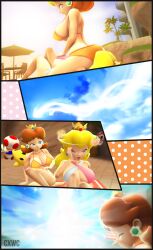 1boy 1other 2girls 3d ambiguous_gender ass big_ass big_breasts big_butt bikini blonde_hair blue blue_eyes breasts bust cleavage comic crown dizzy earrings facesitting female female_focus huge_breasts large_breasts luma male mario_(series) multiple_girls nintendo orange_bikini orange_hair outdoors peach_(fruit) pink_bikini piranha_plant pool princess_daisy princess_peach swimsuit toad_(mario) wonster-chan yellow_hair