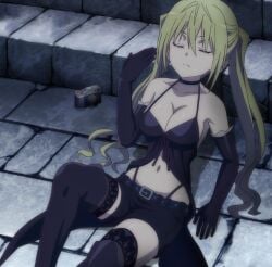 1girls babydoll big_breasts blonde_hair busty closed_eyes female female_only gloves large_breasts legs lieselotte_sherlock long_hair midriff navel screencap shorts solo stitched thighs thong trinity_seven twintails voluptuous