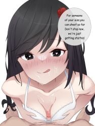 1boy 1girls black_eyes black_hair blush bra cleavage commission cum cum_on_face heart-shaped_pupils long_hair merumaruru naizuri original_character paizuri small_breasts small_penis small_penis_adoration speech_bubble