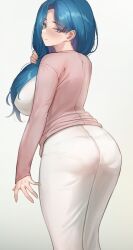 1girls ass ass_in_dress blue_eyes blue_hair blush breasts clothed dress female hips huge_breasts kkamja large_ass light-skinned_female light_skin long_hair long_sleeves looking_at_viewer oc original original_character side_ponytail slim_waist smile soo_ryeon_(kkamja) thick_thighs thighs wide_hips