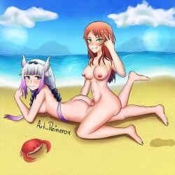 2girls aged_up ass beach blue_eyes breasts crab curvy female female_only green_eyes horn kanna_kamui looking_at_viewer miss_kobayashi's_dragon_maid multiple_girls nipples orange_hair pinup reinerox saikawa_riko smile white_hair