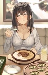 1girls blurry blurry_background blush bra_strap breasts brown_hair cleavage closed_eyes closed_mouth collarbone cup date dinner_date drinking_glass female fine_art_parody food hair_between_eyes head_tilt highres kureha_(ironika) large_breasts long_hair long_sleeves original painting_(object) parody public_domain ribbed_sweater safe scoop_neck sfw sitting smile solo spoon sports_bra sweater the_creation_of_adam tsubasa_(kureha) upper_body