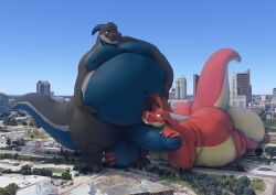 absurd_res anthro ass ball_grab balls belly belly_grab belly_squish big_balls big_belly big_butt big_moobs big_penis black_body blue_body brown_hair callum city claws dragon duo genitals hair hand_on_penis hand_on_stomach hi_res holding_belly horn huge_balls huge_cock humanoid_genitalia humanoid_penis hyper hyper_belly looking_at_another lying macro male male/male moobs navel nitrosimi96 nude obese on_front overweight penis red_body scalie smile squish standing thick_thighs yellow_body zack_(nitrosimi96)