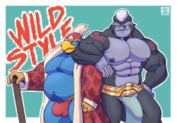 anthro balls bara barazoku bulge furry gay gorilla gorimondo_(kirby) king_dedede kirby_(series) kirby_and_the_forgotten_land loincloth male male_only muscles muscular nintendo overweight overweight_male penguin penis size_difference vier_punksterne