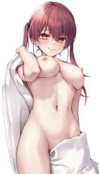 blush breasts closed_mouth commentary_request female groin hair_between_eyes heterochromia highres hololive hololive_fantasy hololive_japan houshou_marine large_breasts long_hair momonoko_noko navel nipples nude red_eyes red_hair simple_background smile solo standing stomach thighs towel twintails virtual_youtuber wet white_background yellow_eyes