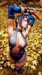 1girls 3d armpits arms_up big_breasts black_hair blue_eyes breasts busty chains cleavage female female_only from_above heterochromia hi_res large_breasts legs leotard looking_to_the_side pose posing red_eyes samurai_shodown sensual shiki_(samurai_shodown) short_hair snk solo tattoo thick_thighs thighs weapon