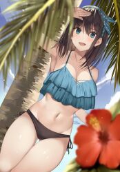 :d arm_up armpits bare_arms bare_shoulders bikini black_bikini blue_bikini blue_eyes blurry breasts brown_hair cleavage collarbone depth_of_field female flower frilled_bikini frills gluteal_fold hair_ribbon halterneck hibiscus highres kureha_(ironika) large_breasts long_hair looking_at_viewer mismatched_bikini navel open_mouth original palm_tree ribbon shading_eyes side-tie_bikini_bottom smile solo stomach string_bikini swimsuit thigh_gap thighs tree tsubasa_(kureha)