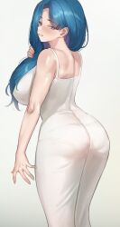 1girls ass ass_in_dress blue_eyes blue_hair blush breasts clothed dress female hips huge_breasts kkamja large_ass light-skinned_female light_skin long_hair looking_at_viewer oc original original_character side_ponytail sleeveless slim_waist smile soo_ryeon_(kkamja) thick_thighs thighs wide_hips