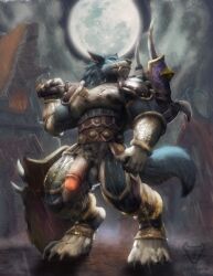 abs anthro armor balls big_penis blizzard_entertainment blue_eyes bullstorm canid canine canis claws fangs full_moon genitals hi_res humanoid_genitalia humanoid_penis male male_focus male_only mammal moon muscular muscular_anthro muscular_male nipples pecs penis pubes raining shield solo thick_penis video_games warcraft weapon were werecanid wolf worgen world_of_warcraft