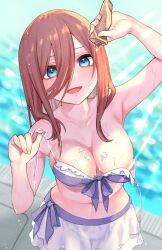 :d aibon arm_up armpits bikini bikini_skirt blue_eyes blush breasts brown_hair cleavage collarbone cowboy_shot day female from_above go-toubun_no_hanayome hair_between_eyes highres holding large_breasts light_censor light_rays long_hair looking_at_viewer looking_up lotion lotion_bottle nakano_miku nipple_slip nipples open_mouth outdoors pool purple_bikini skirt smile solo suggestive_fluid sunbeam sunlight swimsuit untied untied_bikini water white_skirt