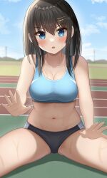 bare_arms bare_legs bare_shoulders bikini black_buruma blue_eyes blurry bottle breasts brown_hair buruma cleavage collarbone crop_top depth_of_field female highres holding kureha_(ironika) large_breasts long_hair looking_at_viewer midriff navel open_mouth original revealing_clothes sitting sleeveless solo sports_bra stomach sweat swimsuit thighs tsubasa_(kureha) v-shaped_eyebrows volleyball volleyball_net water_bottle