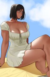 1girls avatar_legends blue_eyes blue_sky breasts casual cleavage clothing dark-skinned_female dress female female_only fully_clothed good_artwork gud0c korra large_breasts legs looking_to_the_side outdoors short_hair sitting smooth_skin solo sunlight the_avatar the_legend_of_korra thighs veiny_breasts water_tribe