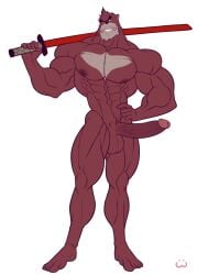 anthro balls bara barazoku beast big_balls big_penis black_nose boner bunnywolf chest_tuft erection furry gay hand_on_hip kumatetsu male male_only muscles muscular penis red_body red_fur solo solo_male the_boy_and_the_beast weapon_over_shoulder wolfiecanem