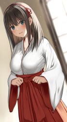 bangs blue_eyes blurry blurry_background blush breasts brown_hair collarbone cowboy_shot depth_of_field dutch_angle female hair_ribbon hairband hakama highres indoors japanese_clothes kimono kureha_(ironika) large_breasts long_hair long_sleeves miko original parted_lips red_hairband red_hakama red_ribbon ribbon shrine_maiden solo tsubasa_(kureha) white_kimono wide_sleeves window