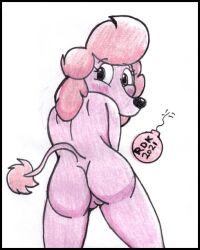 accessory anthro ass biped blinky_bill_(series) canid canine canis domestic_dog female fur genitals hair hair_accessory looking_back mammal nude penelope_(disambiguation) pink_body pink_fur pink_hair poodle pussy reddragonkan solo traditional_media_(artwork)