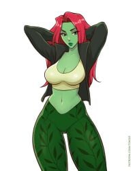 1girls 2d armpits arms_behind_head batman_(series) belly_button big_breasts boobs breasts cleavage dc dc_comics female female_only green-skinned_female green_eyes green_lips green_skin harley_quinn_(series) jacket kissy_face leaves looking_at_viewer pamela_isley pants poison_ivy poison_ivy_(harley_quinn) red_hair shirt solo thick_thighs toksie vines