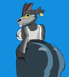 a_goat_(fortnite) big_ass blue_background female_only fortnite furry furu_flami goat goat_simulator hand_on_hip hyper_bimbo pants pilgor_(goat_simulator)