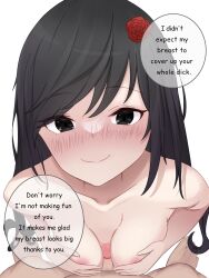 1boy 1girls areolae black_eyes black_hair blush commission long_hair merumaruru naizuri original_character paizuri small_breasts small_penis small_penis_adoration speech_bubble