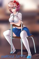 1girls arms_crossed arms_crossed_under_breasts artist_name blue_eyes bow bra bra_peek bra_visible_through_clothes chair doki_doki_literature_club female female_only hairbow just_sayori moca_1atte one_eye_closed open_shirt red_bow sayori_(doki_doki_literature_club) school_uniform see-through_clothing see-through_shirt sitting sitting_on_chair skirt solo solo_female tagme teasing thighhighs tongue_out wink