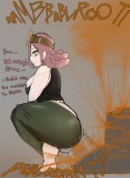 1girls big_ass big_butt brown_fart english_text fart fart_cloud fart_fetish farting green_pants mei_hatsume meonsausage my_hero_academia pink_hair shart side_view solo_female text thick_thighs yellow_eyes