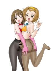 1futa 1girls bar_censor breasts brown_hair censored clothed clothing duo embarrassed erection erection_under_clothes erection_under_pantyhose female futanari gloves hair_ornament human k-on! light-skinned_female light-skinned_futanari light_skin long_gloves looking_at_viewer one_eye_closed pantyhose partially_clothed penis penis_under_clothes pink_gloves ritsu_tainaka_(k-on!) short_hair standing uraharukon yui_hirasawa_(k-on!)