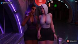 1boy 2girls 3d alley ashe_(overwatch) ass ass_grab big_ass big_butt blender blizzard_entertainment boobjob bracelet bracelets bubble_but dark-skinned_female dark-skinned_male dark_skin dat_ass eskandart female huge_ass huge_butt large_ass large_butt latina looking_back medium_breasts naughty_face open_mouth overwatch panty_pull provocative public seductive seductive_look sideboob sombra street