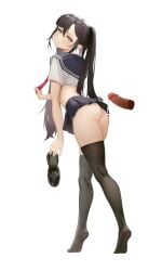 absurdres after_sex black_hair blushing cum cum_in_pussy disembodied_penis female genshin_impact highres l_ract long_hair looking_at_viewer miniskirt mona_(genshin_impact) penis school_uniform skirt solo_focus stockings tagme thighhighs twintails