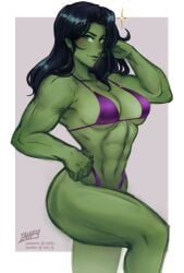 1girls abs arm_up biceps big_breasts bikini border colored_skin dark_green_hair feet_out_of_frame female female_only green-skinned_female green_body green_eyes green_skin grey_background hand_on_hip hulk_(series) iahfy looking_at_viewer marvel marvel_comics muscles muscular muscular_female navel pose posing purple_bikini she-hulk simple_background solo thick_thighs thighs white_border