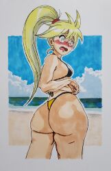 1girls ass bikini blonde_hair blush clouds embarrassed female large_ass looking_at_viewer looking_back ocean pokemon pokemon_(manga) pokemon_adventures ponytail seaside shadow-crimson00 sky small_breasts solo thick_ass thick_thighs yellow_(pokemon)