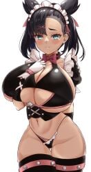 1girls alternate_breast_size black_hair blush breasts cleavage embarrassed female game_freak hips hizakake huge_breasts light-skinned_female light_skin maid maid_headdress marnie_(pokemon) massive_breasts nintendo pokemon pokemon_(game) pokemon_ss shy simple_background thick_thighs thighs twintails white_background wide_hips