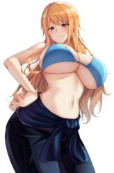 1girls amagi_korona bare_shoulders blonde_hair bra breasts cleavage female female_only highres huge_breasts long_hair looking_at_viewer looking_down nami navel one_piece one_piece_film_gold post-timeskip simple_background solo standing white_background yellow_eyes